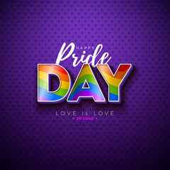 Happy Pride Day LGBTQ Illustration with Rainbow Flag in 3d Text Label on Purple Background. 28 June Love is Love Human Rights or Diversity Concept. Vector LGBT Event Banner Design for Postcard, Banner