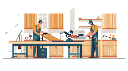 Two carpenters workers men doing woodwork in workshop
