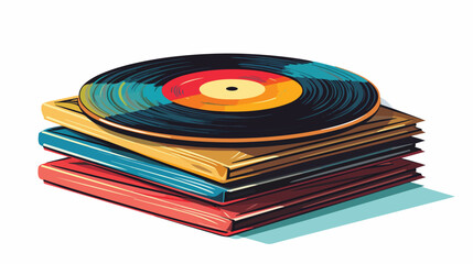 A stack of old vinyl records with colorful album cove
