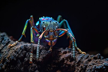 Fototapeta premium Mystic portrait of Iridescent Ant on root in studio, The insect's back is visible, full body shot, Close-up View, 