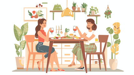 Two girls eating lunch  drinking together Sisters 