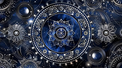Midnight blue and silver celestial mandala, vintage cosmic elements for mystical allure.