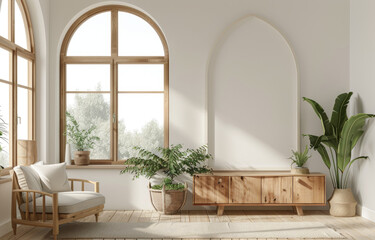 A living room with white walls, wooden furniture and an arched window. The wall is empty for mockups or advertising text, creating a minimalist design with light wood tones and natural lighting
