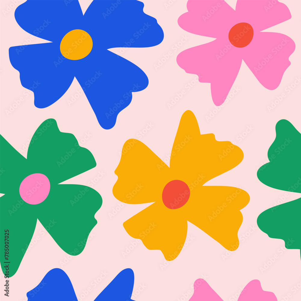 Aufkleber seamless pattern with colorful groovy daisy flowers on a pastel background. vector illustration.