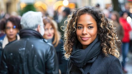 A woman with curly hair is smiling in a crowd of people