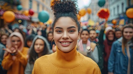 A woman with a yellow sweater and a big smile is surrounded by a crowd of people