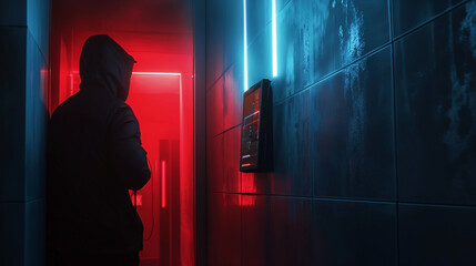 A digital lock being hacked by a shadow figure in the middle of the corridor