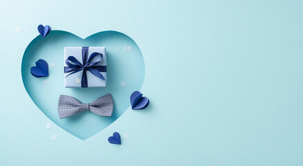 Honor Dad in style. Top view of bow tie, giftbox, hearts and confetti, framed in a heart-shaped cutout on pastel blue. Perfect for Father's Day messages or promotions - obrazy, fototapety, plakaty