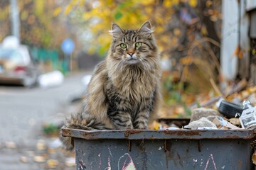 Fluffy lost cat, stray, forbidden cat in the garbage