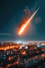 A city skyline with a bright orange streak of fire shooting through the sky