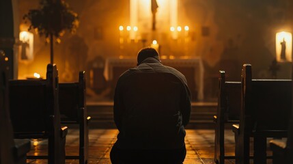 A solitary figure kneeling at the altar, hands folded in prayer over the Bible, seeking guidance...
