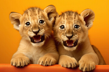 Imagine the cuteness overload as two joyous lion cubs, suited up, frolic against a vibrant orange background. - obrazy, fototapety, plakaty