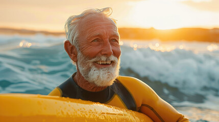A man in a yellow wetsuit is smiling while holding a yellow surfboard - Powered by Adobe