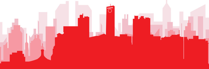 Red panoramic city skyline poster with reddish misty transparent background buildings of BARQUISIMETO, VENEZUELA