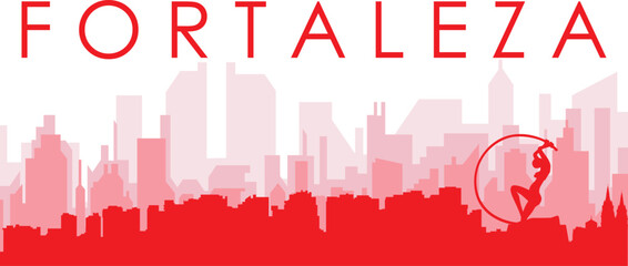 Red panoramic city skyline poster with reddish misty transparent background buildings of FORTALEZA, BRAZIL