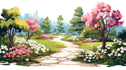 Fototapeta na wymiar A tranquil garden path lined with blooming flowers an