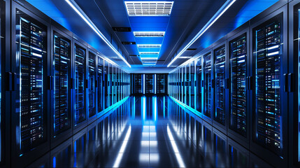 Modern futuristic data centers have many servers and storage boxes in server room database
