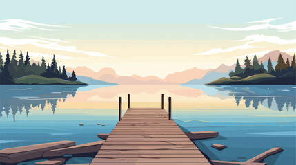 A tranquil lake scene with a wooden dock stretching