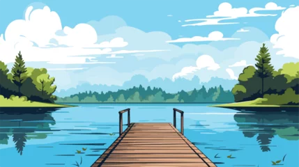 Muurstickers A tranquil lake scene with a wooden dock stretching © Jasmin