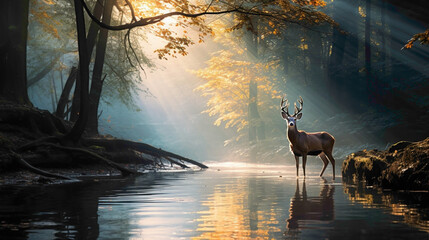 Graceful white-tailed deer drinking from a crystal-clear forest stream, with the early morning mist creating a magical atmosphere.