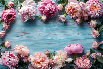Soft pastel peonies and roses on a wooden background, perfect for Valentine's Day, Easter, birthday, and Mother's Day celebrations.