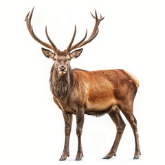 Adult red deer stag with impressive antlers standing confidently against a white background.