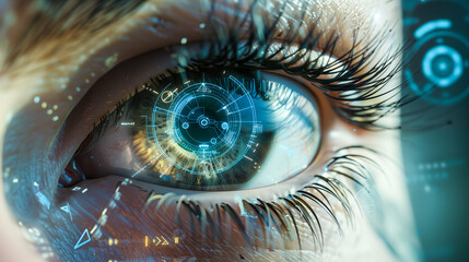 eye with digital interface circles superimposed on the iris - obrazy, fototapety, plakaty