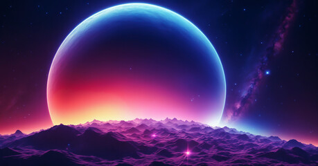 Alien planet landscape in shades of blue, orange, and purple. Space background, wallpaper, backdrop.