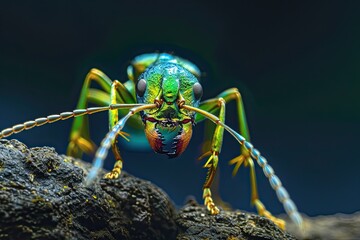 Mystic portrait of Metallic Green Ant on root in studio, The insect's back is visible, full body shot, Close-up View, 