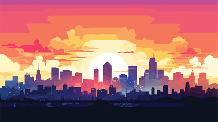 A vibrant sunset over a city skyline with buildings