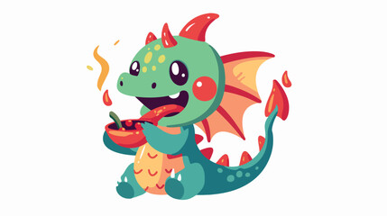 Cute and kawaii baby dragon eating spicy chili on white