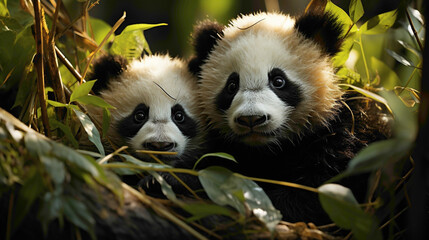 Fuzzy panda cubs cuddling in a bamboo forest, their black and white fur creating a picture-perfect...