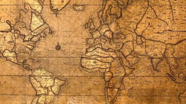 Zoom on a vintage global map, revealing historic details. Old world map close-up with age-old cartographic art