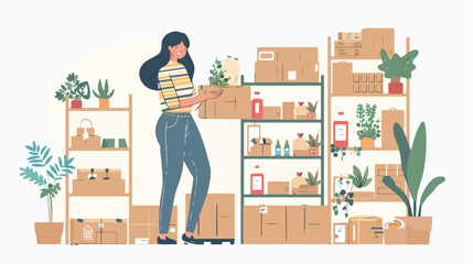 A woman who works with goods. Vector illustration - obrazy, fototapety, plakaty