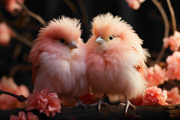 Fluffy peach-colored chicks donning fairy wings, fluttering about in pure delight against a pink background. - obrazy, fototapety, plakaty