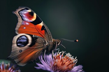 Mystic portrait of Peacock Butterfly on flower in studio, 