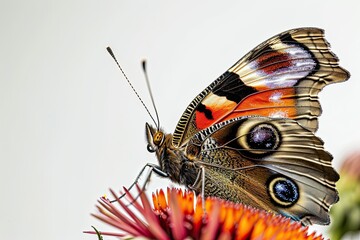 Mystic portrait of Peacock Butterfly on flower in studio, copy space on right side, Headshot,...