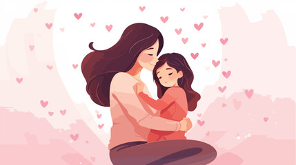 Asian mother hugging young daughter both smiling warm