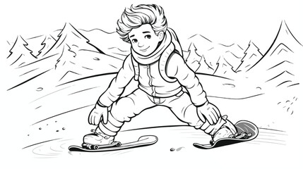 Cute boy is playing snowboard coloring page. Christmas