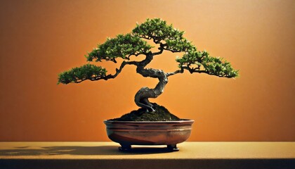 bonsai tree mesmerizing a bonsai tree resting in a pot a muted orange background, delicate silhouette accentuated a soft shadow