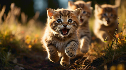 Fluffy cubs of a small wildcat species frolicking in a grassy meadow, their playful interactions and expressive faces radiating untamed cuteness. - obrazy, fototapety, plakaty