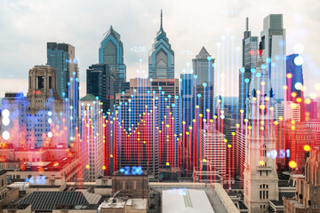 Philadelphia skyline with overlaid financial graphs, Double exposure. Double exposure