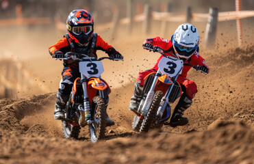 A photo shows two young kids on dirt bikes racing side by side in the dirt - obrazy, fototapety, plakaty