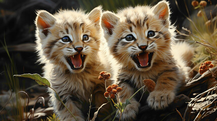 Fluffy cubs of a small wildcat species frolicking in a grassy meadow, their playful interactions and expressive faces radiating untamed cuteness. - obrazy, fototapety, plakaty