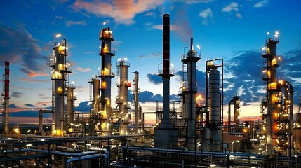 Fototapeta premium A large oil and gas complex at dusk, illuminated by the soft glow of industrial lights against a backdrop of blue sky with white clouds. showcasing modern industry during twilight.