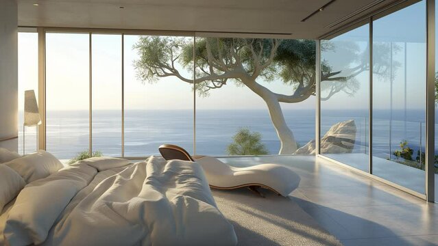 A modern hotel with a view of the sea, a resort