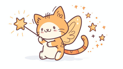 Cute cartoon cat fairy with magic wand in doodle style