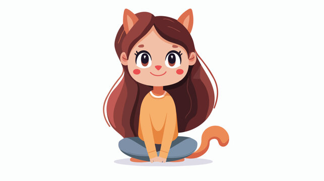 Cute cartoon cat girl image Flat vector isolated on white