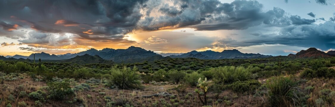 Panoramic View of a Desert Landscape at Sunset