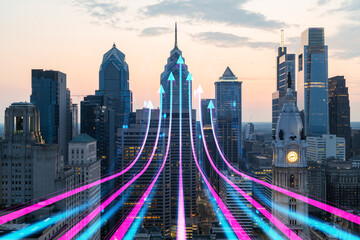 Philadelphia skyline with futuristic hologram arrows, concept of data flow and technology on...